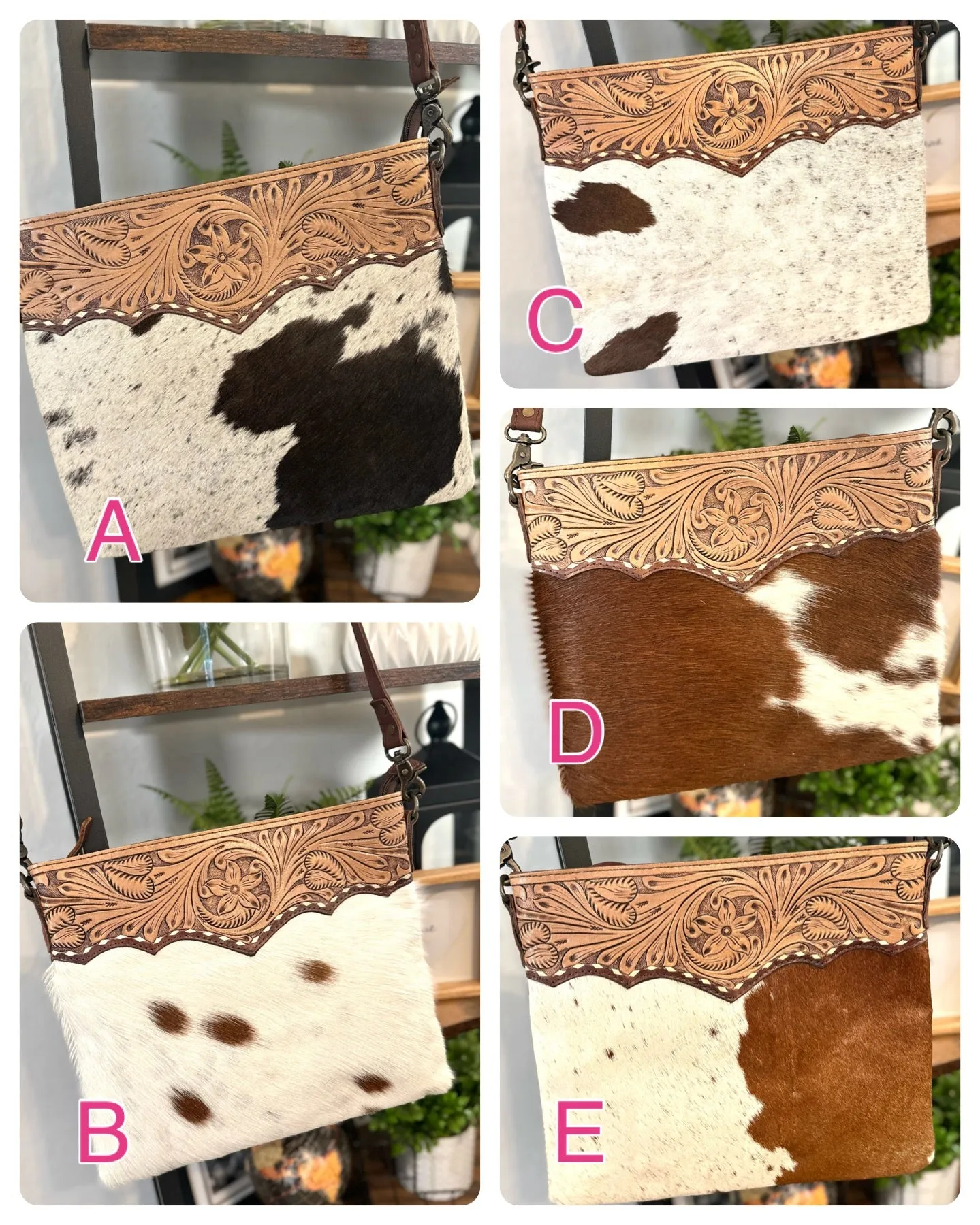 Medium Size Leather Tooled and Cowhide Western Handbag