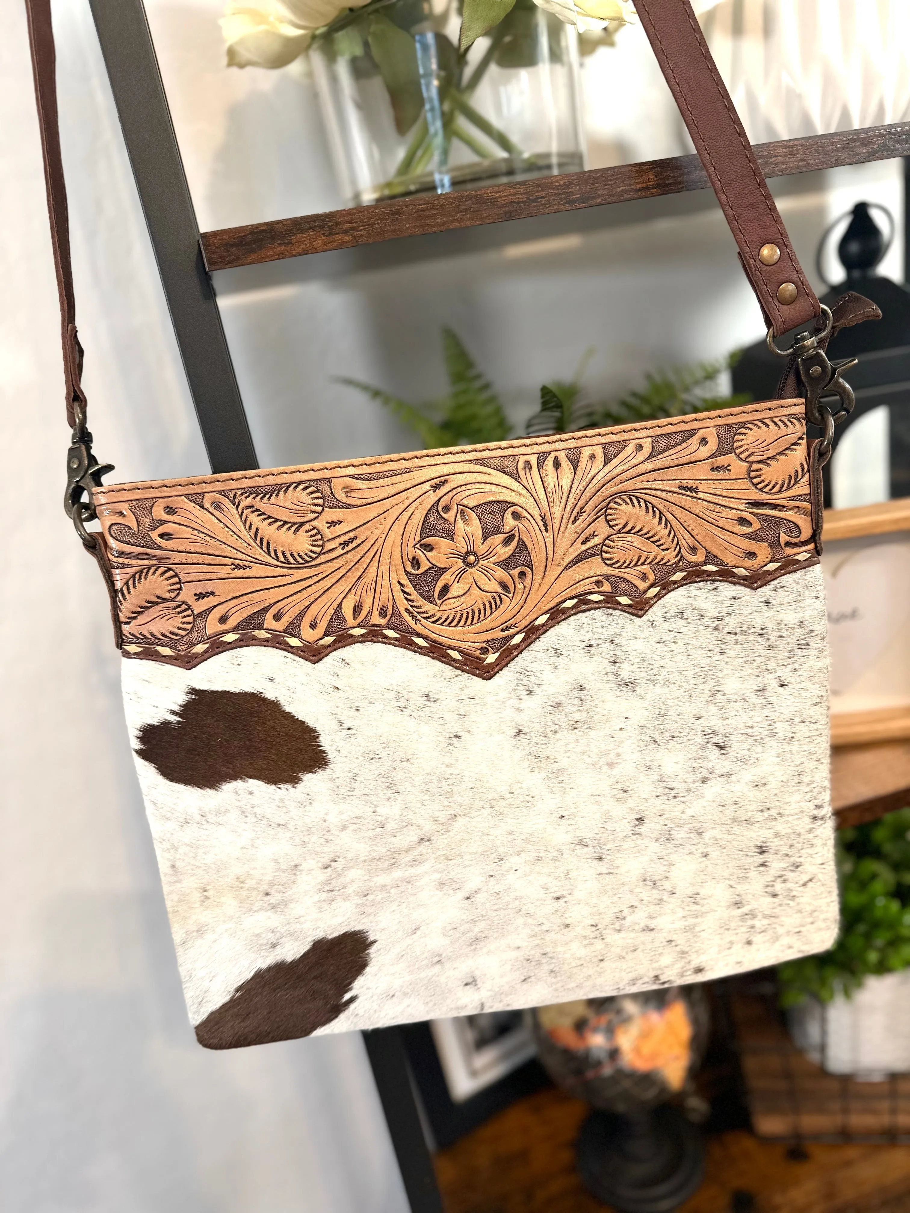 Medium Size Leather Tooled and Cowhide Western Handbag