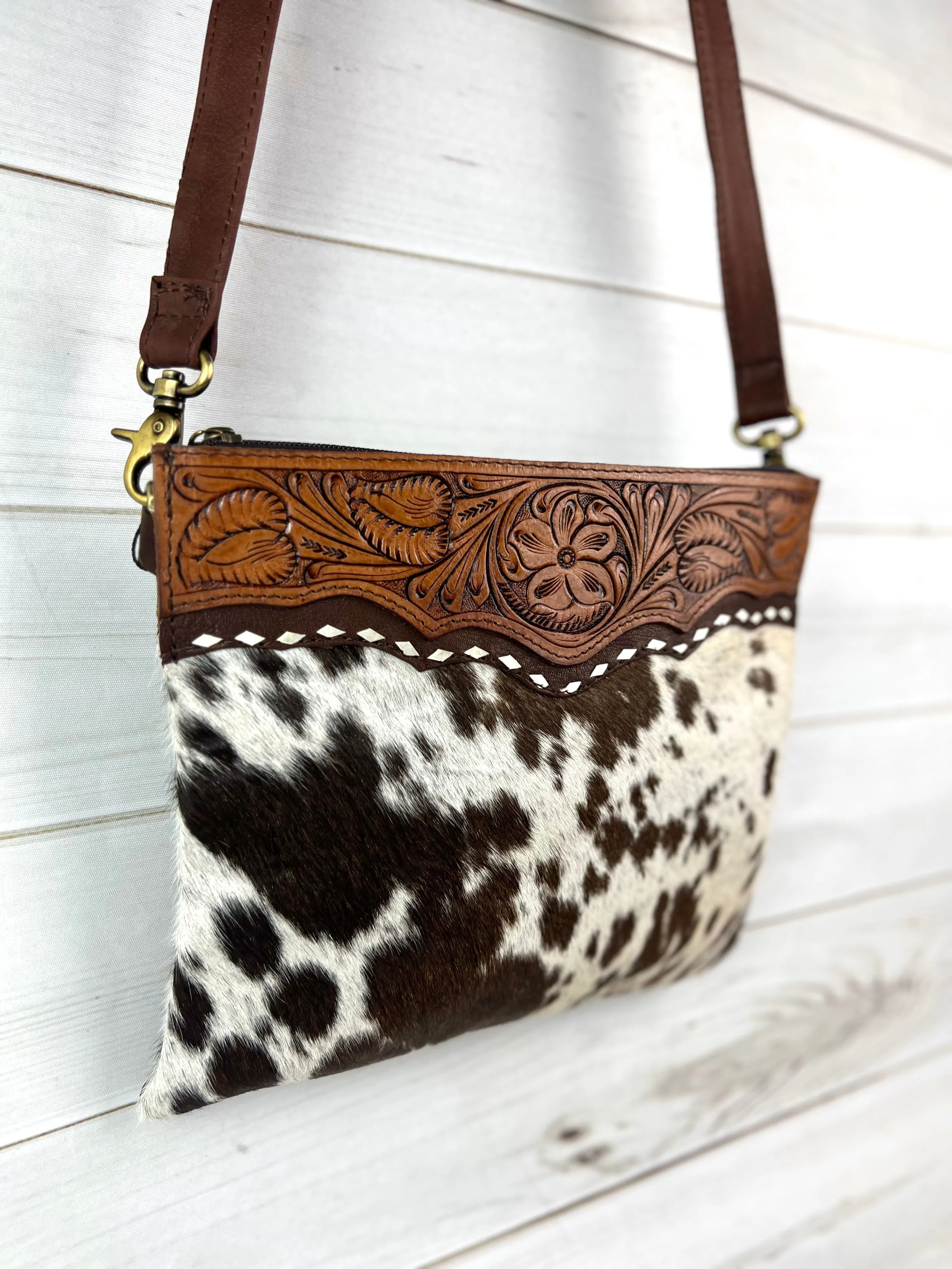 Medium Size Leather Tooled and Cowhide Western Handbag