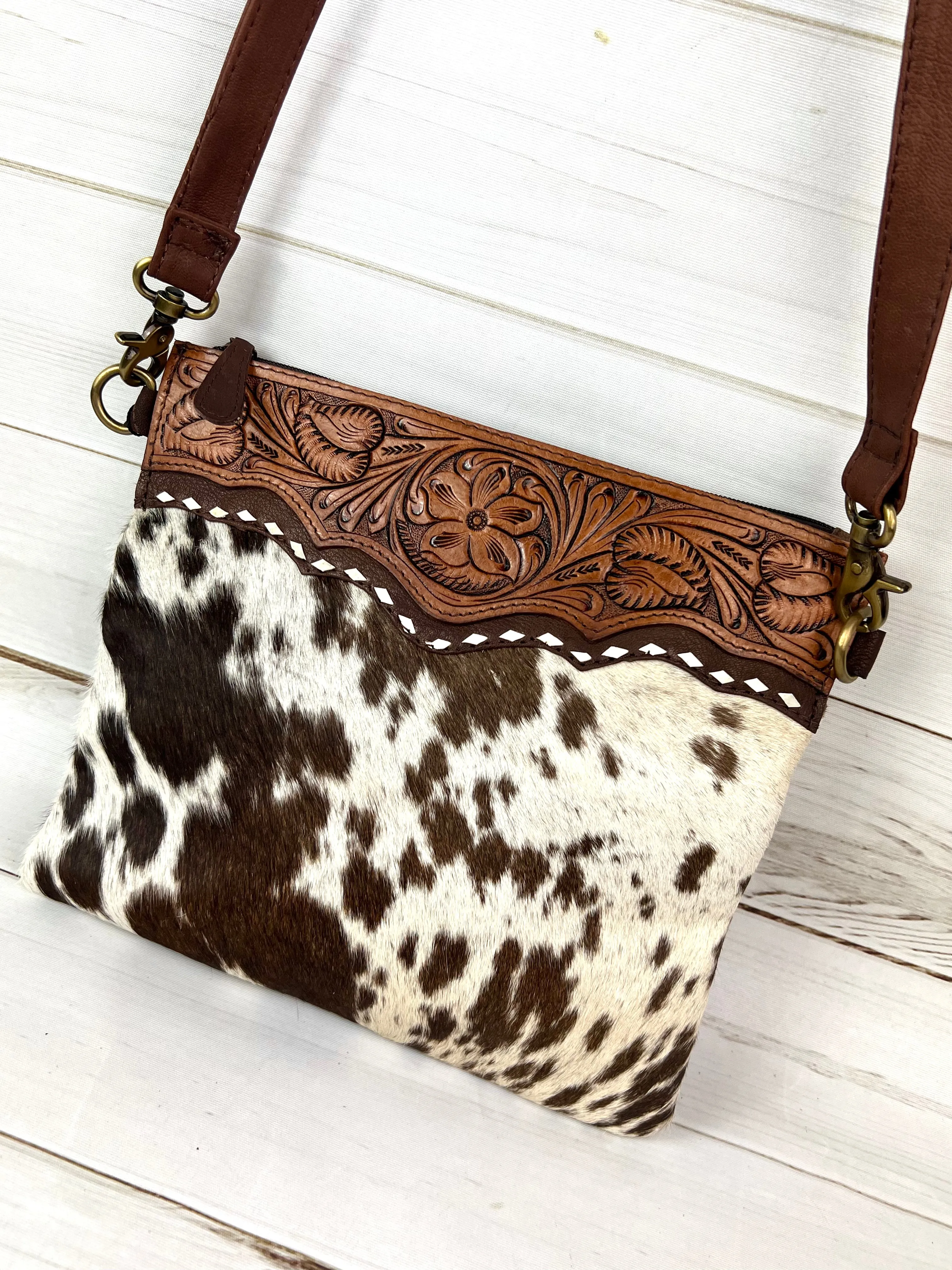Medium Size Leather Tooled and Cowhide Western Handbag