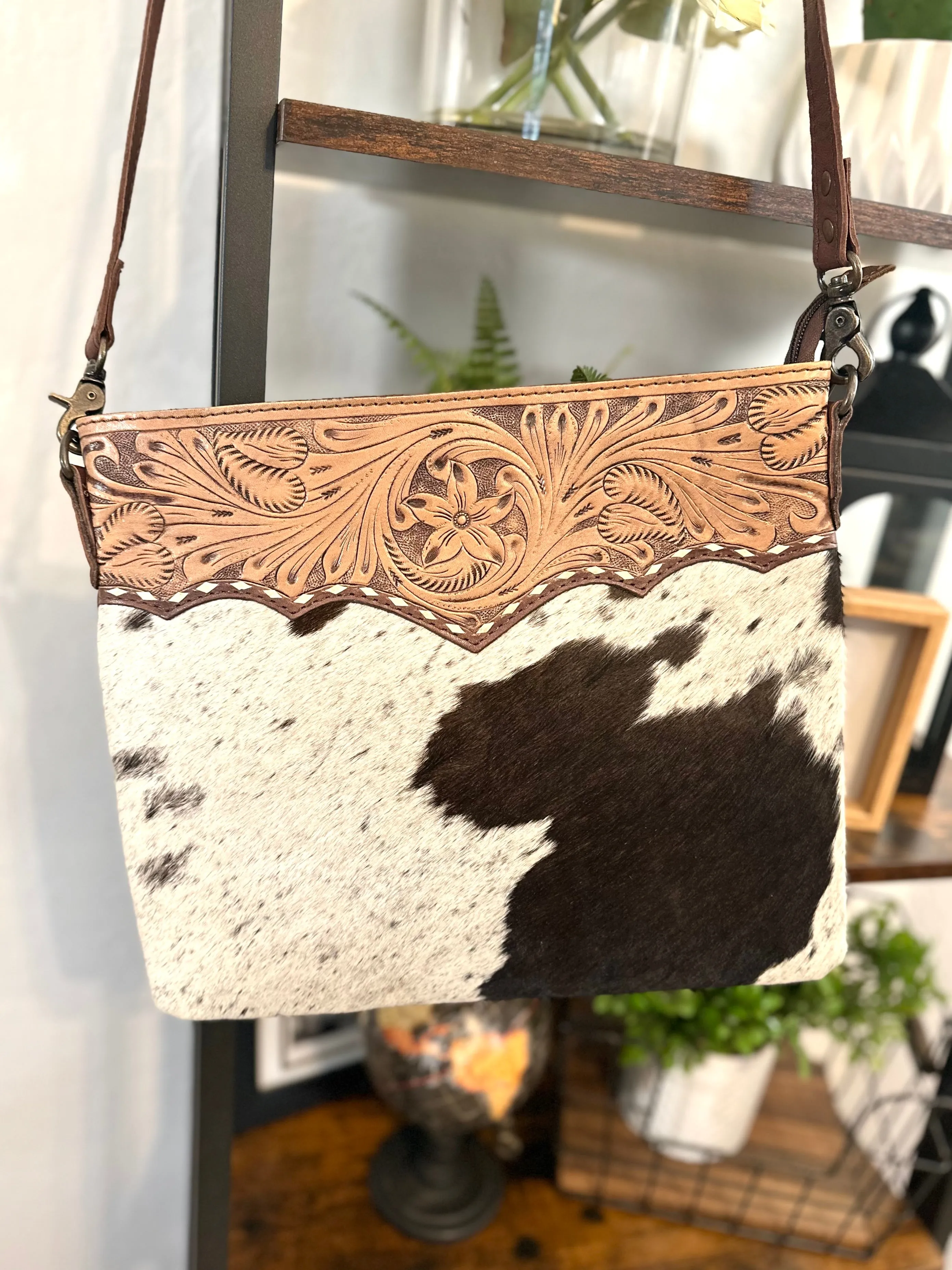 Medium Size Leather Tooled and Cowhide Western Handbag