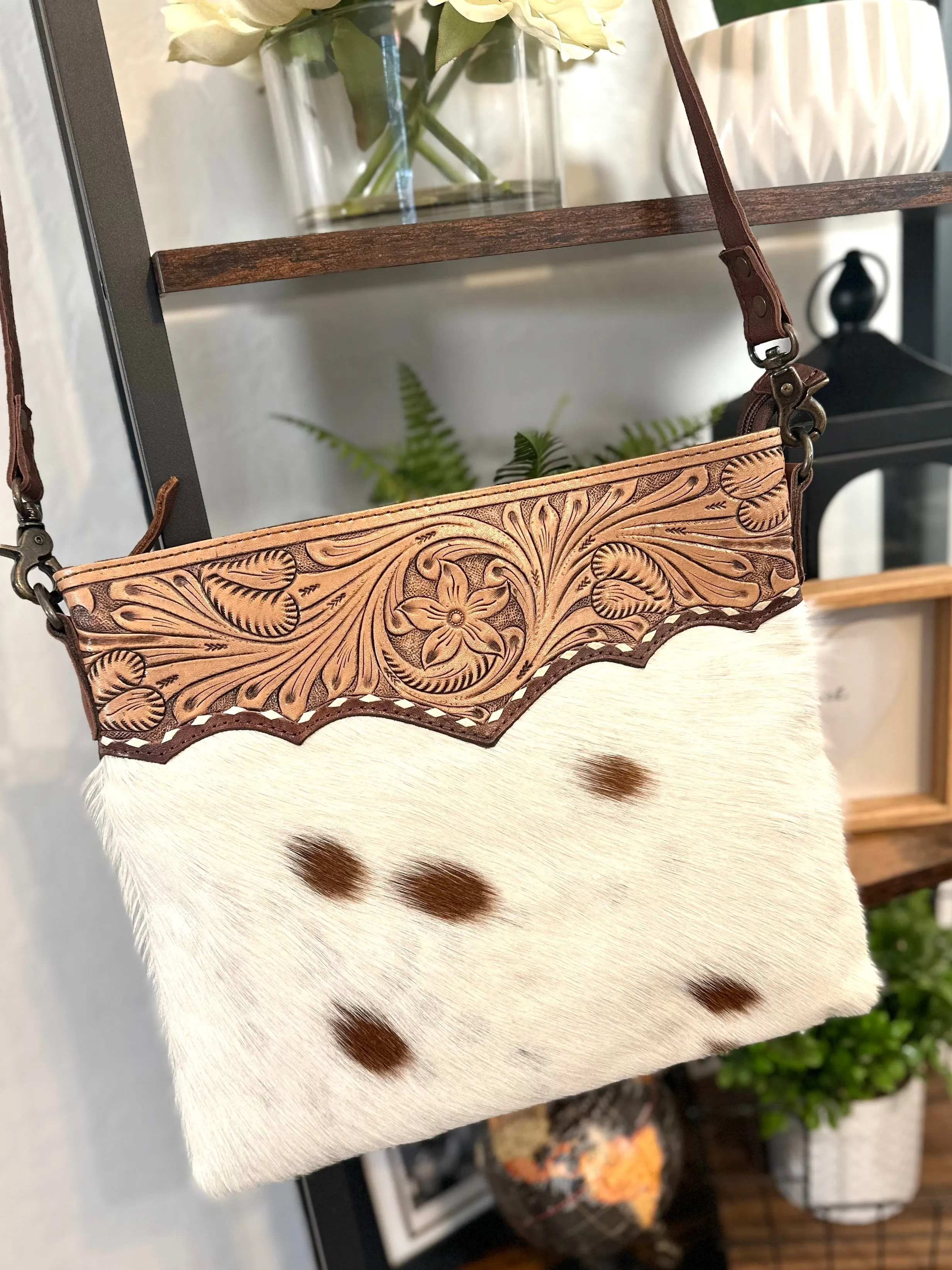 Medium Size Leather Tooled and Cowhide Western Handbag