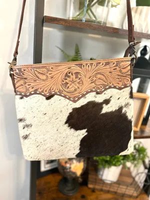 Medium Size Leather Tooled and Cowhide Western Handbag