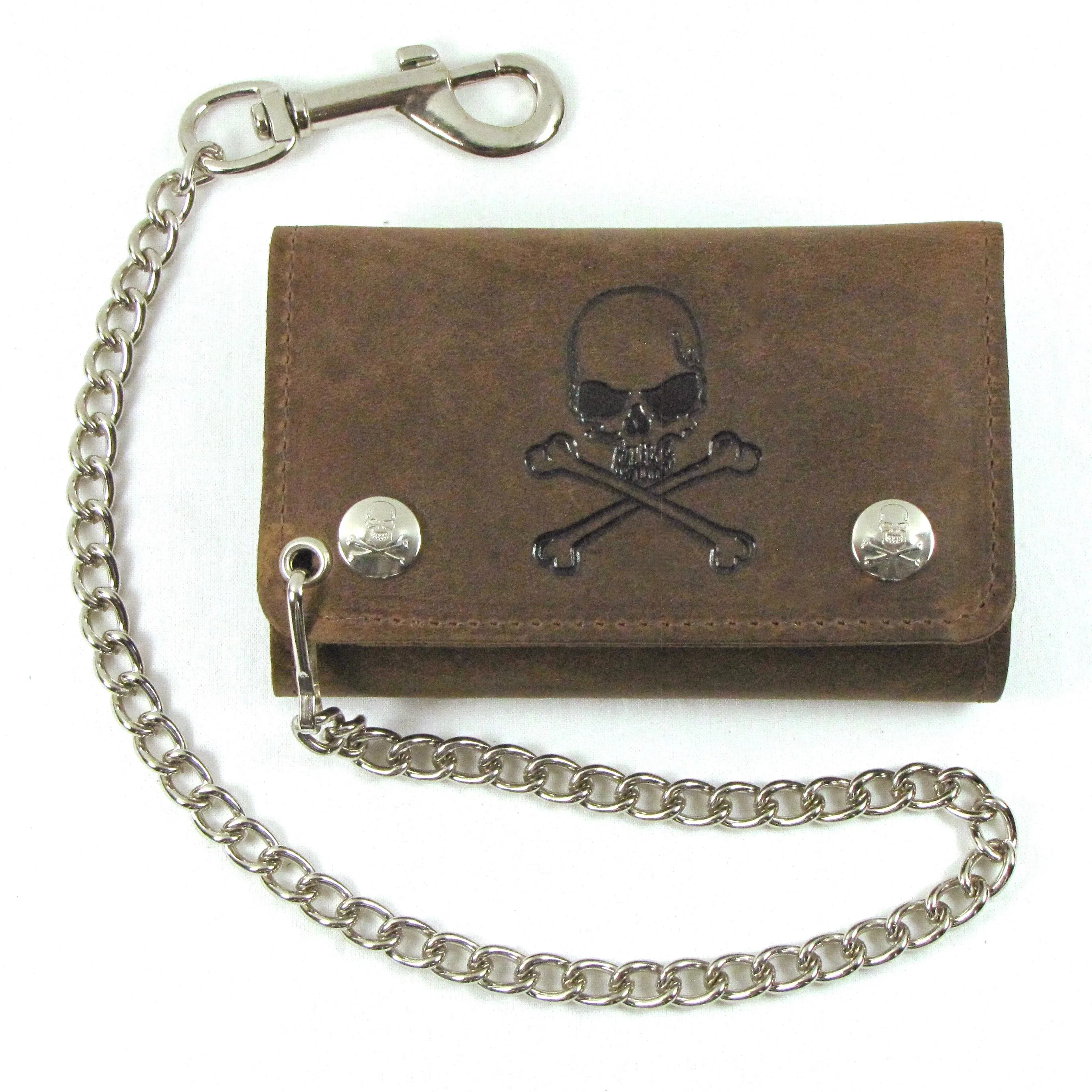 Mid Size Tri-Fold Wallet w/Chain- Skull & Crossbones (Brown)