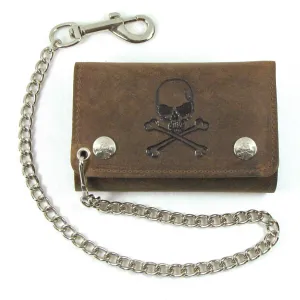 Mid Size Tri-Fold Wallet w/Chain- Skull & Crossbones (Brown)
