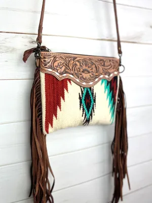 Mirage Red and Turquoise Wool Pattern with Leather Tooled Fringe Medium Bag