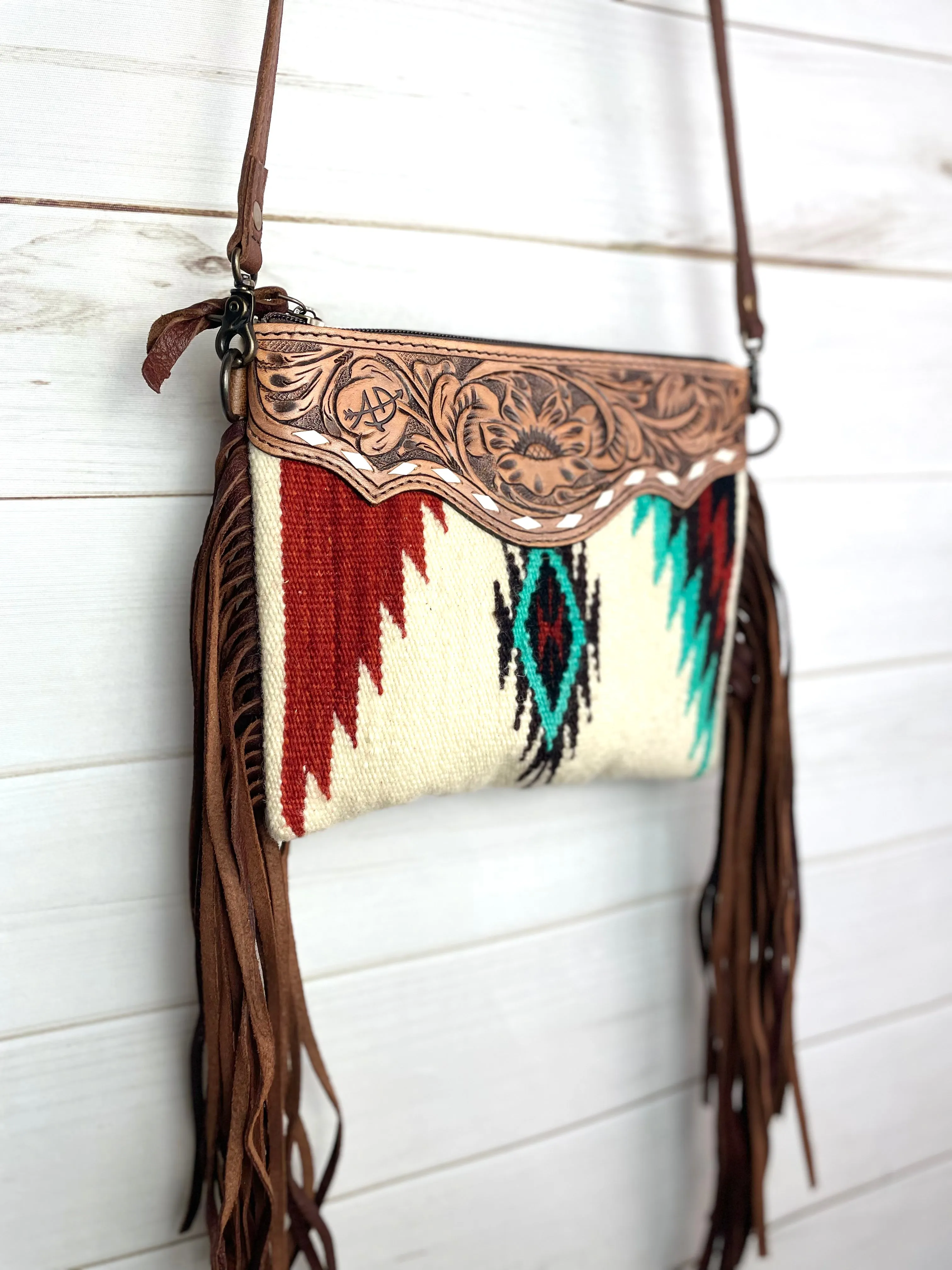 Mirage Red and Turquoise Wool Pattern with Leather Tooled Fringe Medium Bag