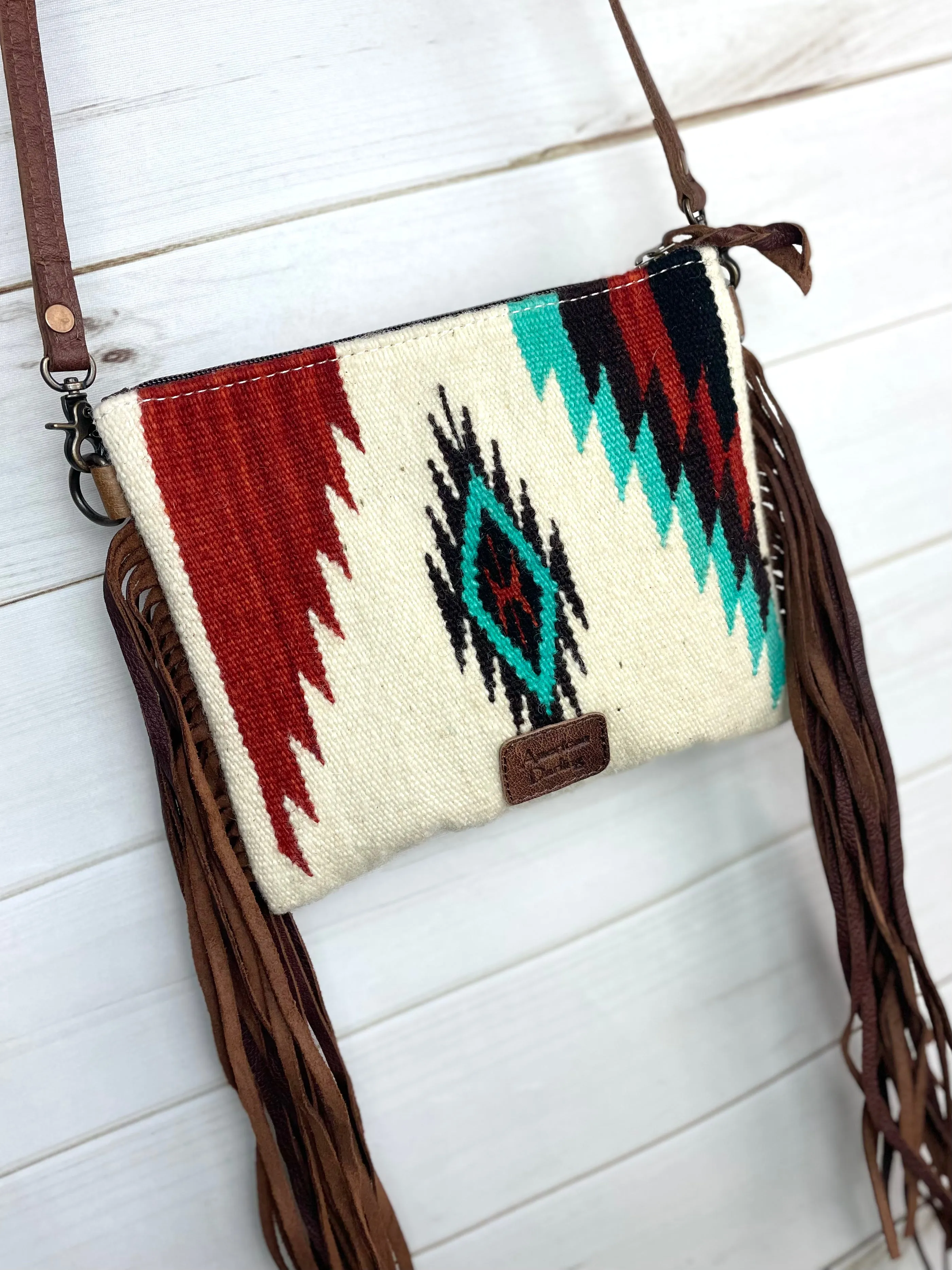 Mirage Red and Turquoise Wool Pattern with Leather Tooled Fringe Medium Bag