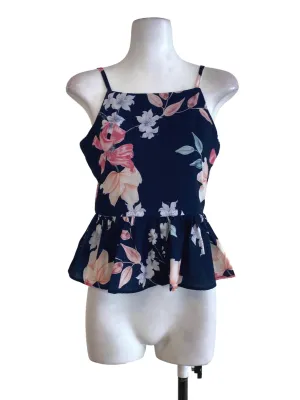 Navy Blue Floral Ruffle Top