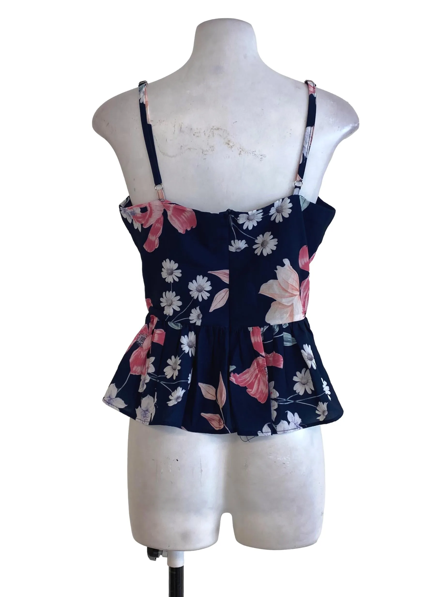 Navy Blue Floral Ruffle Top