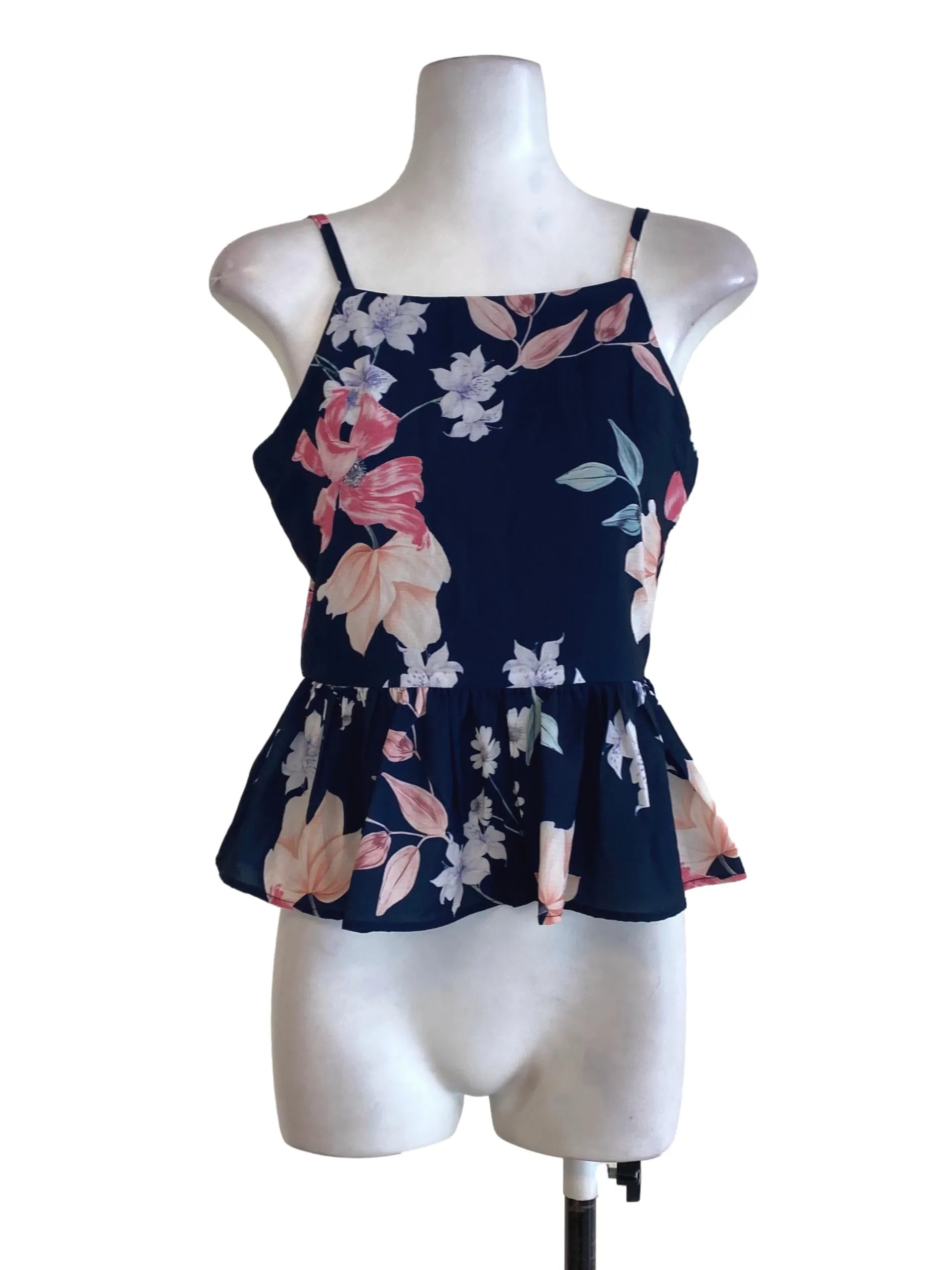Navy Blue Floral Ruffle Top