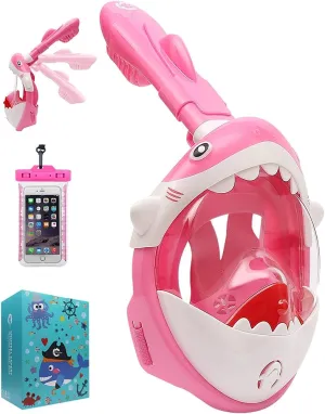 NEW HELLOYEE Foldable Snorkel Mask Full Face Snorkeling Mask for Kids 180° Panoramic View Breathe Free Anti-Fog Anti-Leak Design - Pink Shark, Size Youth XS