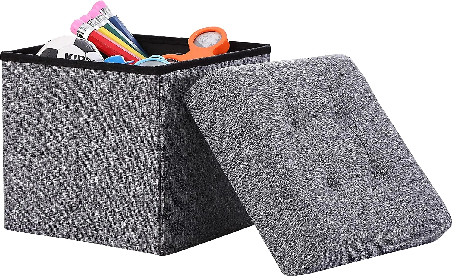 New in box! Everlane Home Foldable Tufted Linen Storage Ottoman Square Cube Foot Rest Stool/Seat - 15" x 15" x 15" (Grey)