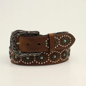 NOCONA LADIES BELT 1 1/2 CIRCLE STUDS TURQUOISE STONES BROWN