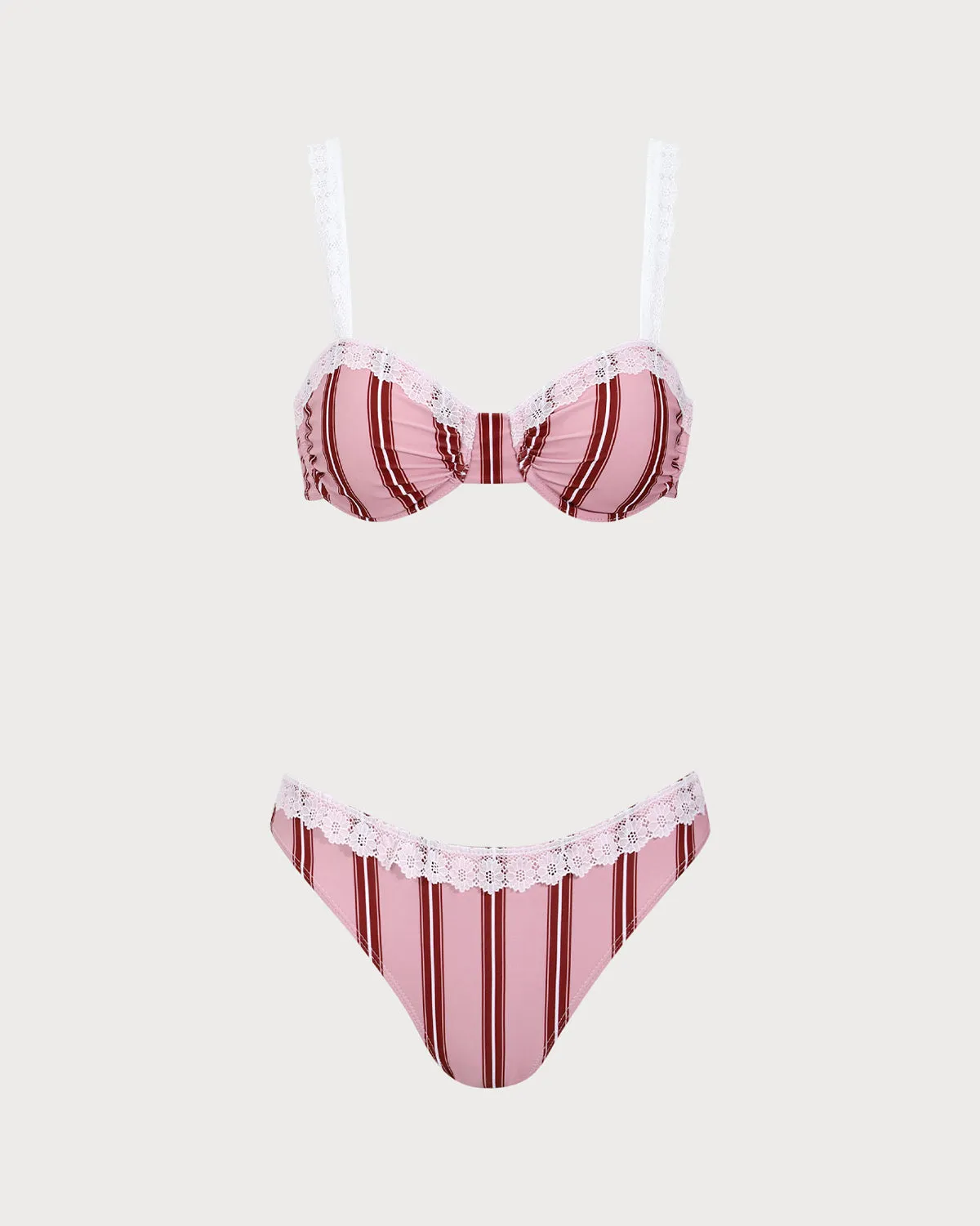 Pink Striped Underwired Lace Bikini Set