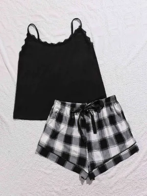 Plus Size Lace Trim Scoop Neck Cami and Printed Shorts Pajama Set ( 2 Style Designs)