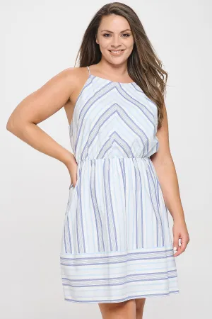 PLUS SIZE SPAGHETTI STRAP CINCH WAIST STRIPES DRESS
