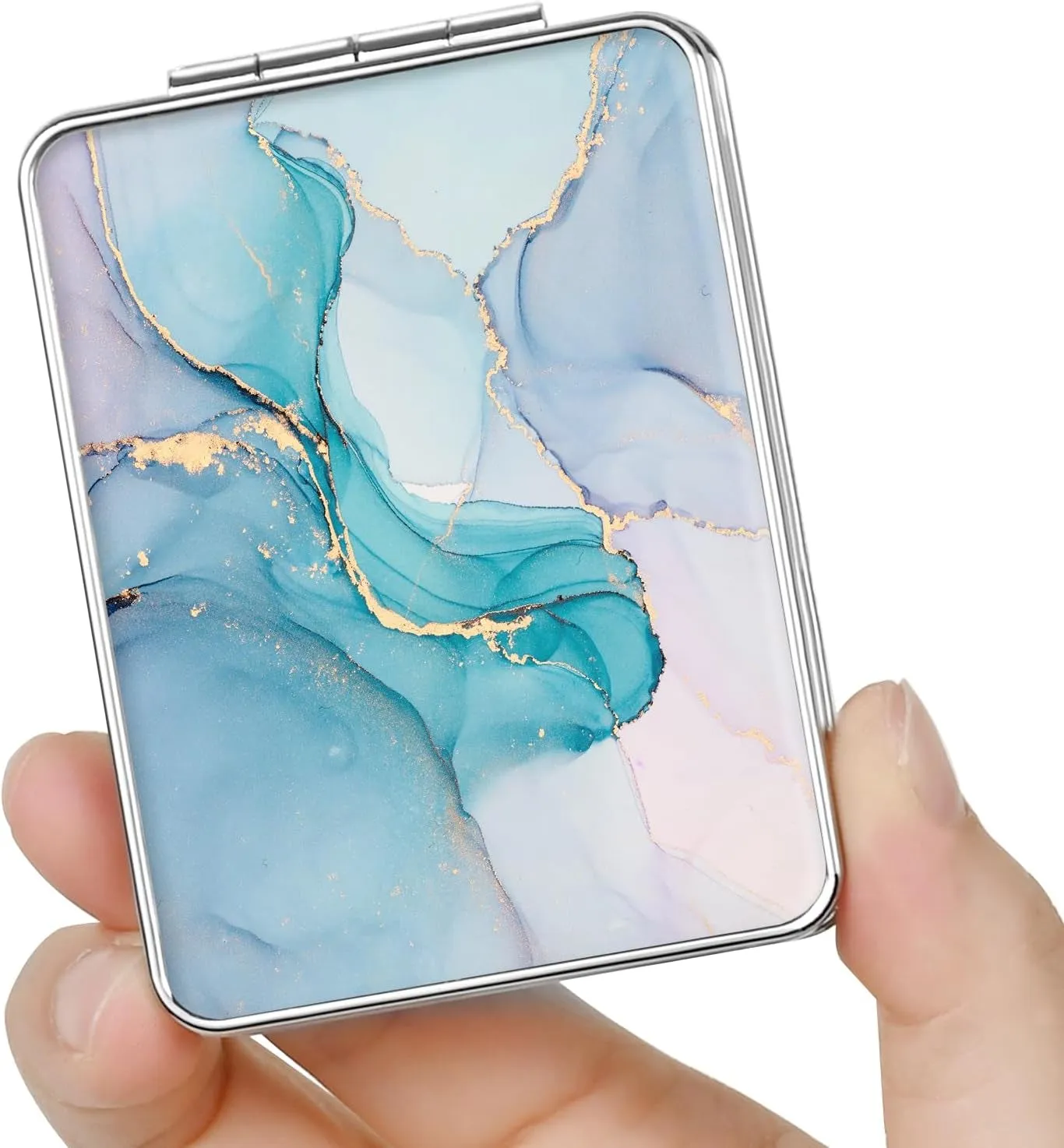 Pocket Mirror, Small Travel Mirror with Magnification, Portable Double-Sided Magnifying Cosmetic Mirror for Daily (Pink Marble)