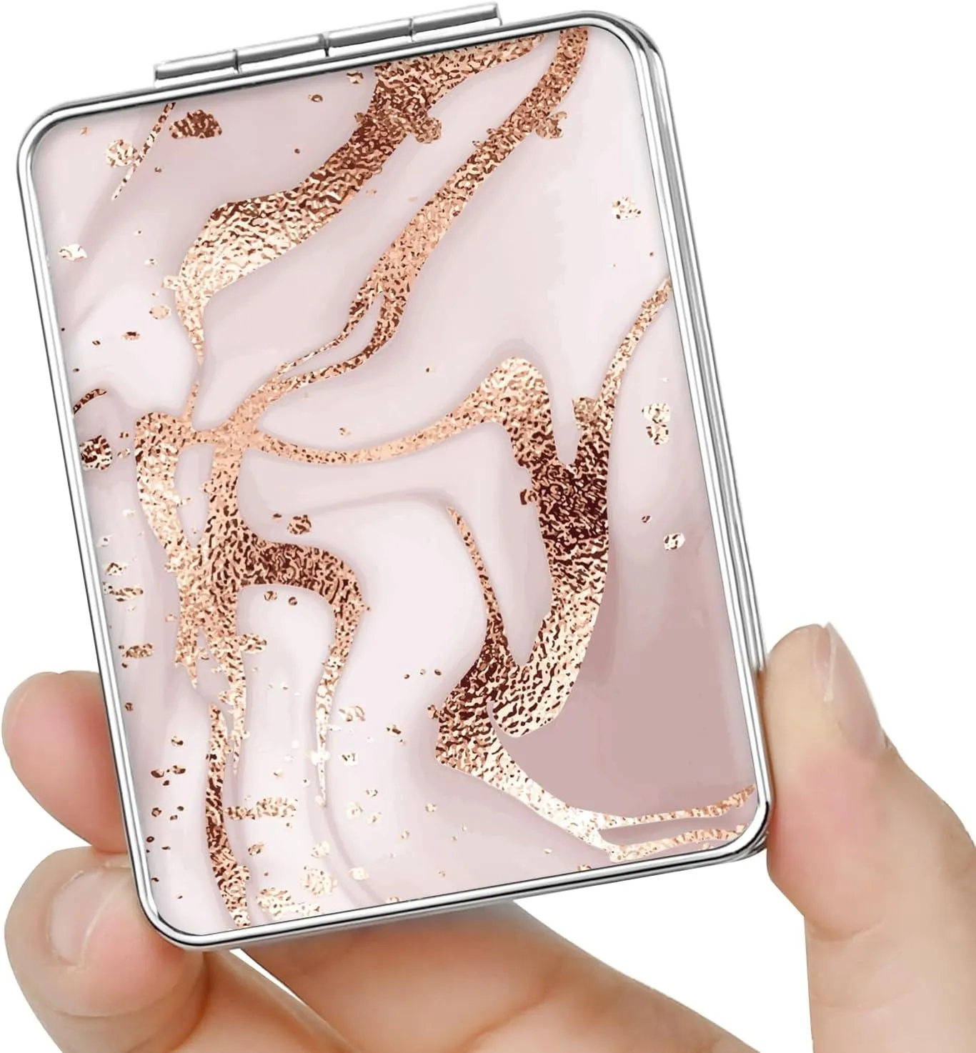 Pocket Mirror, Small Travel Mirror with Magnification, Portable Double-Sided Magnifying Cosmetic Mirror for Daily (Pink Marble)