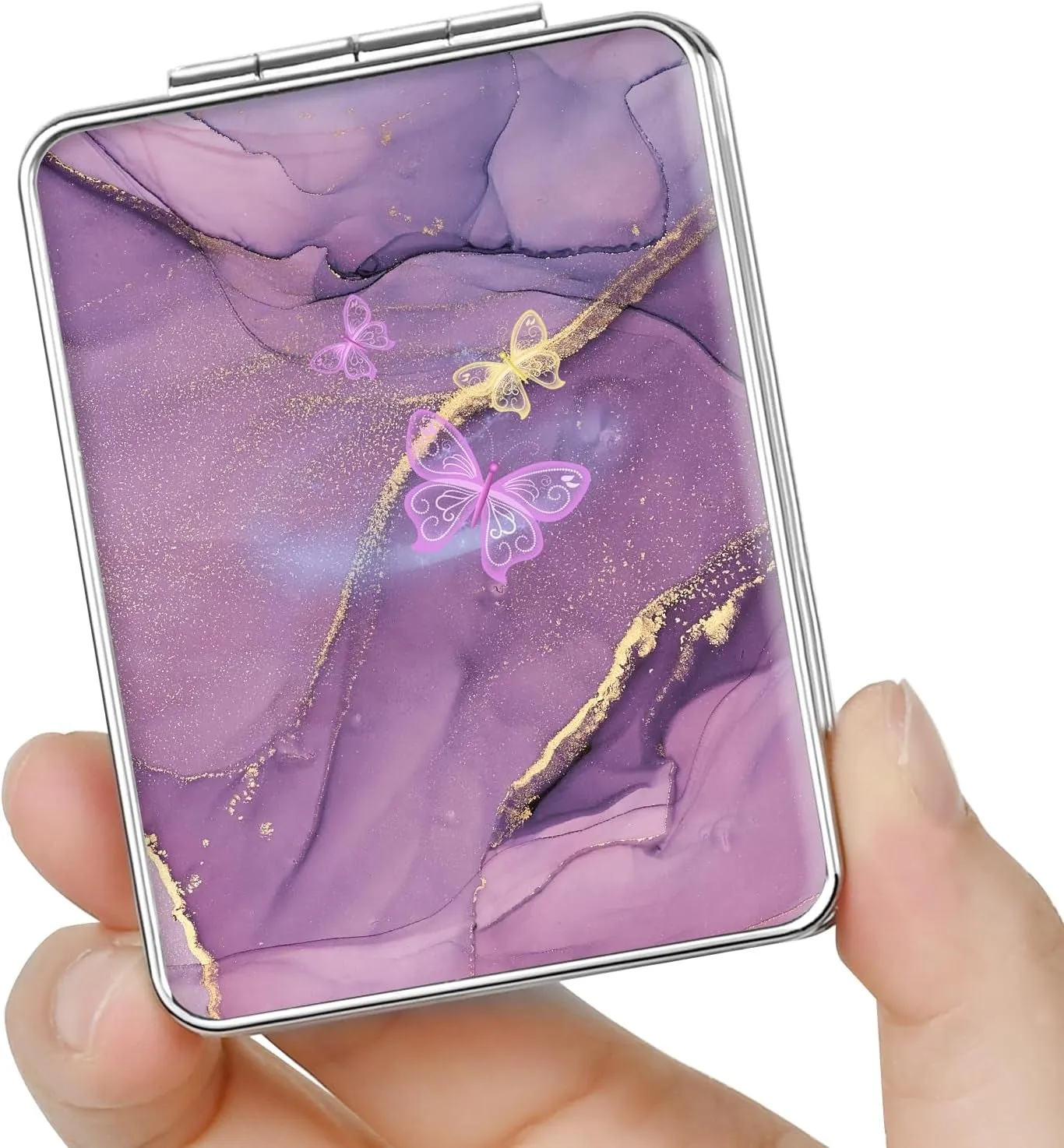 Pocket Mirror, Small Travel Mirror with Magnification, Portable Double-Sided Magnifying Cosmetic Mirror for Daily (Pink Marble)