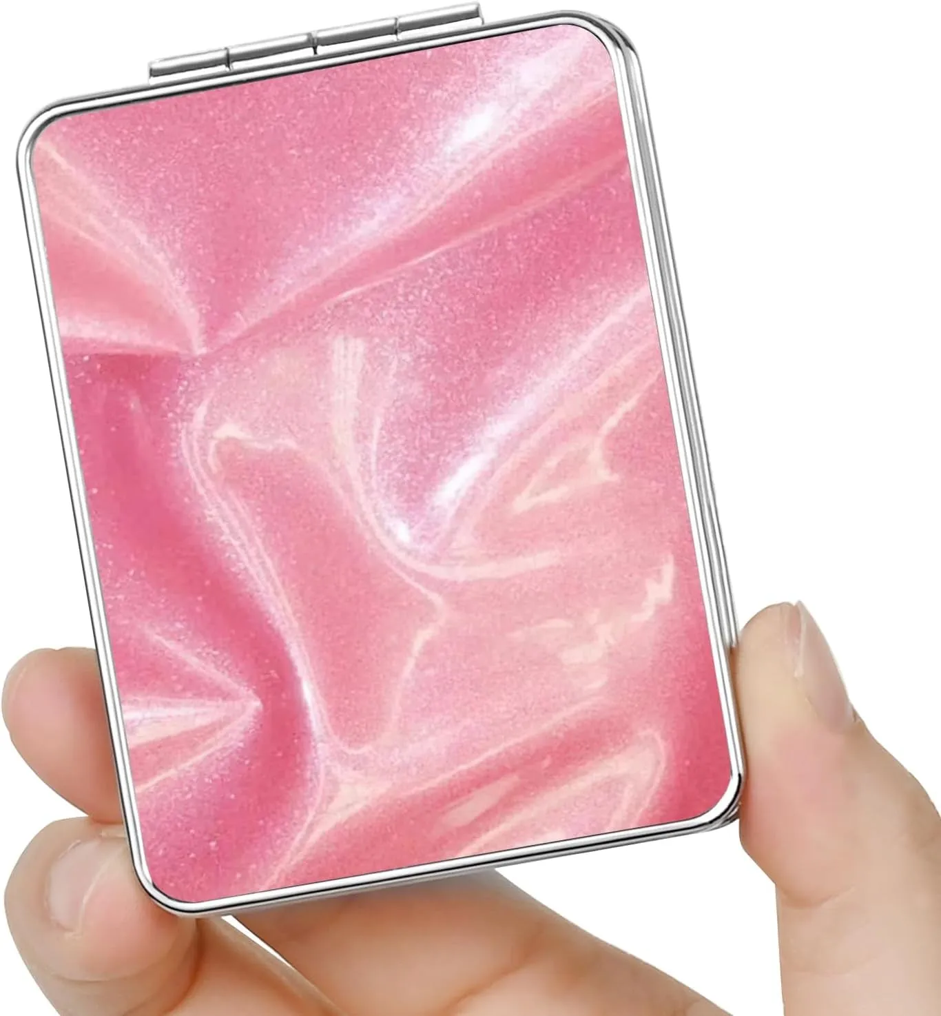 Pocket Mirror, Small Travel Mirror with Magnification, Portable Double-Sided Magnifying Cosmetic Mirror for Daily (Pink Marble)