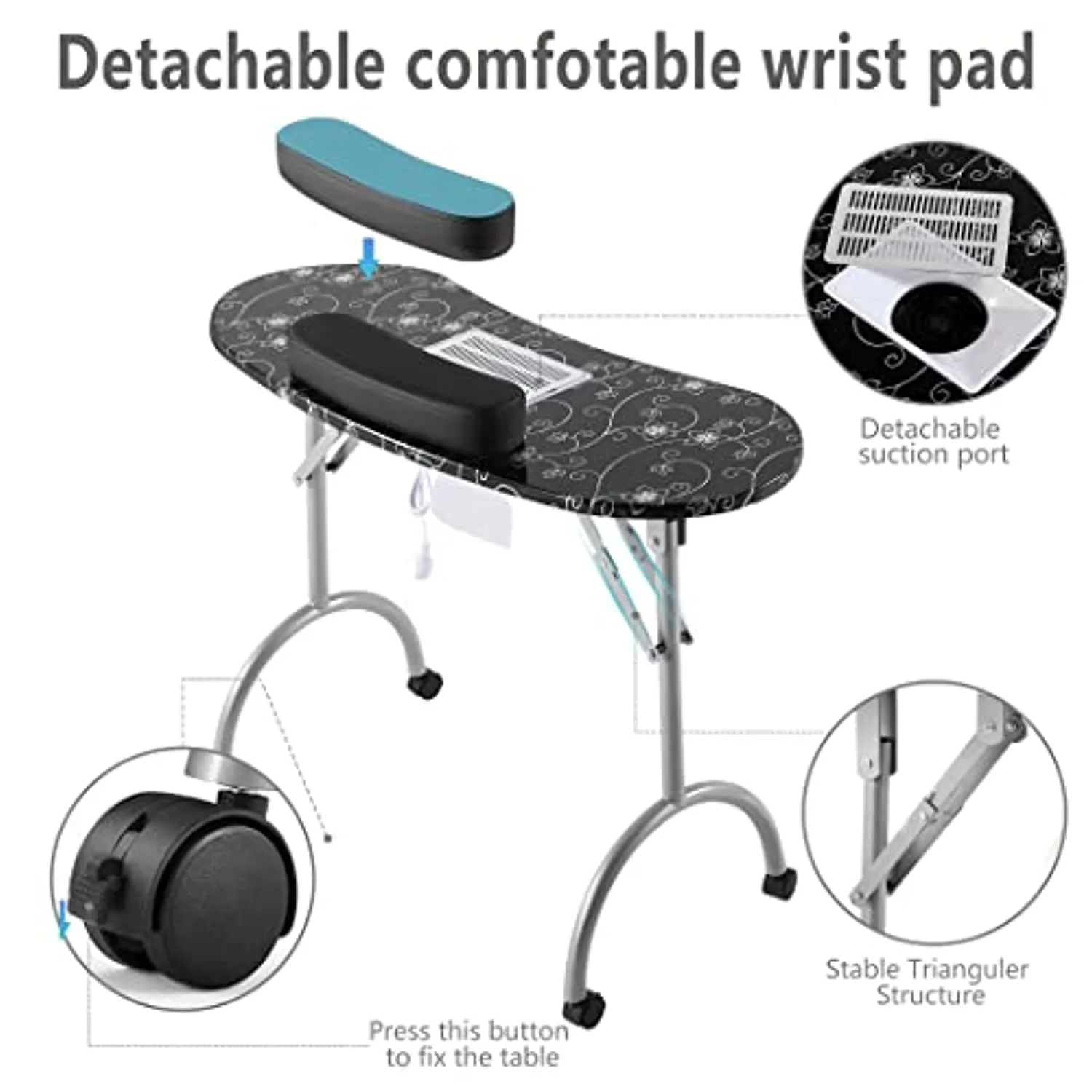 Portable Nail Table with Dust Collector,USB-plug LED Table Lamp,Removable and Foldable,4 Lockable Wheels, Carry Bag, for Home Spa Beauty Salon,Black