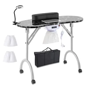 Portable Nail Table with Dust Collector,USB-plug LED Table Lamp,Removable and Foldable,4 Lockable Wheels, Carry Bag, for Home Spa Beauty Salon,Black