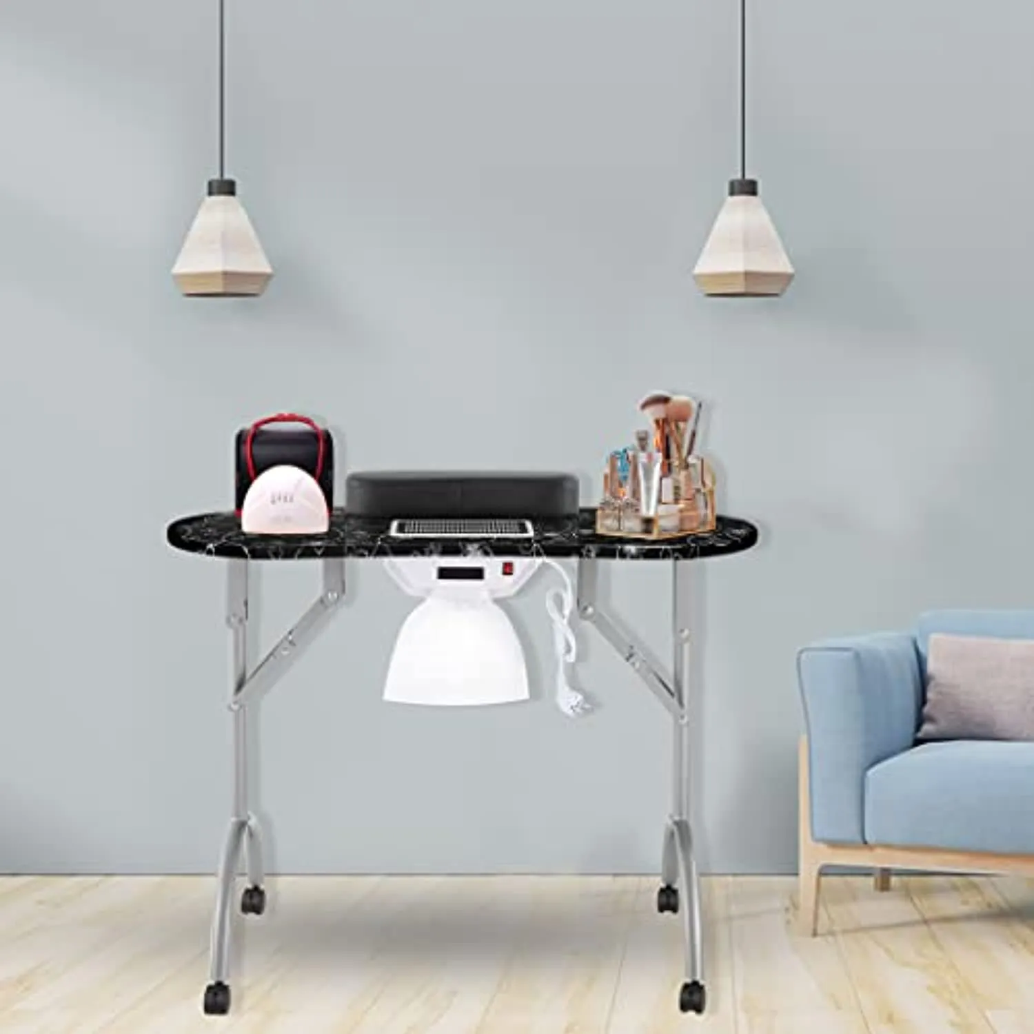 Portable Nail Table with Dust Collector,USB-plug LED Table Lamp,Removable and Foldable,4 Lockable Wheels, Carry Bag, for Home Spa Beauty Salon,Black