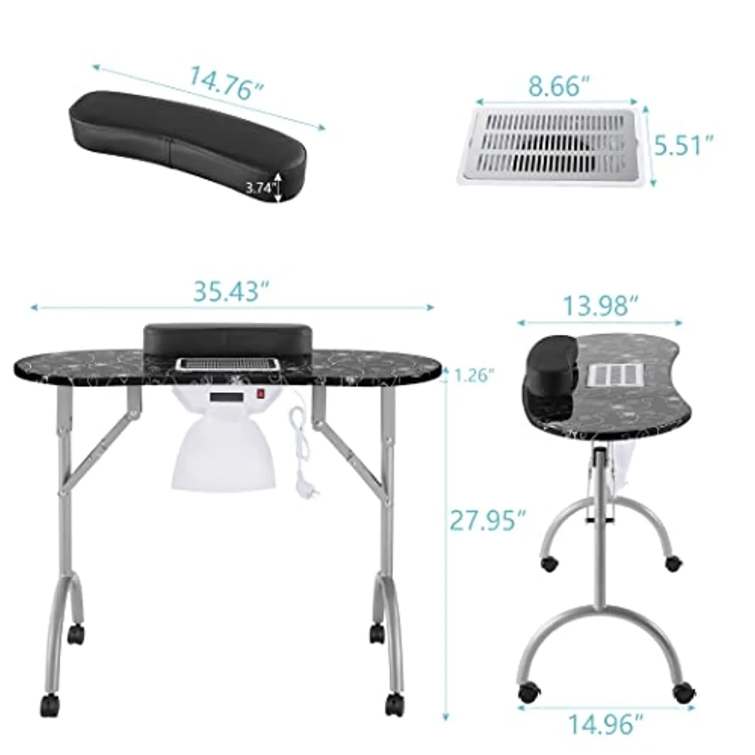 Portable Nail Table with Dust Collector,USB-plug LED Table Lamp,Removable and Foldable,4 Lockable Wheels, Carry Bag, for Home Spa Beauty Salon,Black