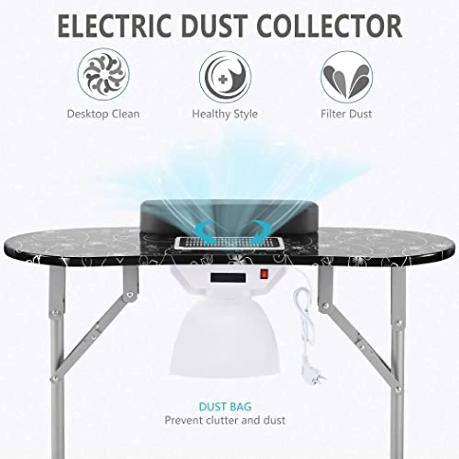 Portable Nail Table with Dust Collector,USB-plug LED Table Lamp,Removable and Foldable,4 Lockable Wheels, Carry Bag, for Home Spa Beauty Salon,Black
