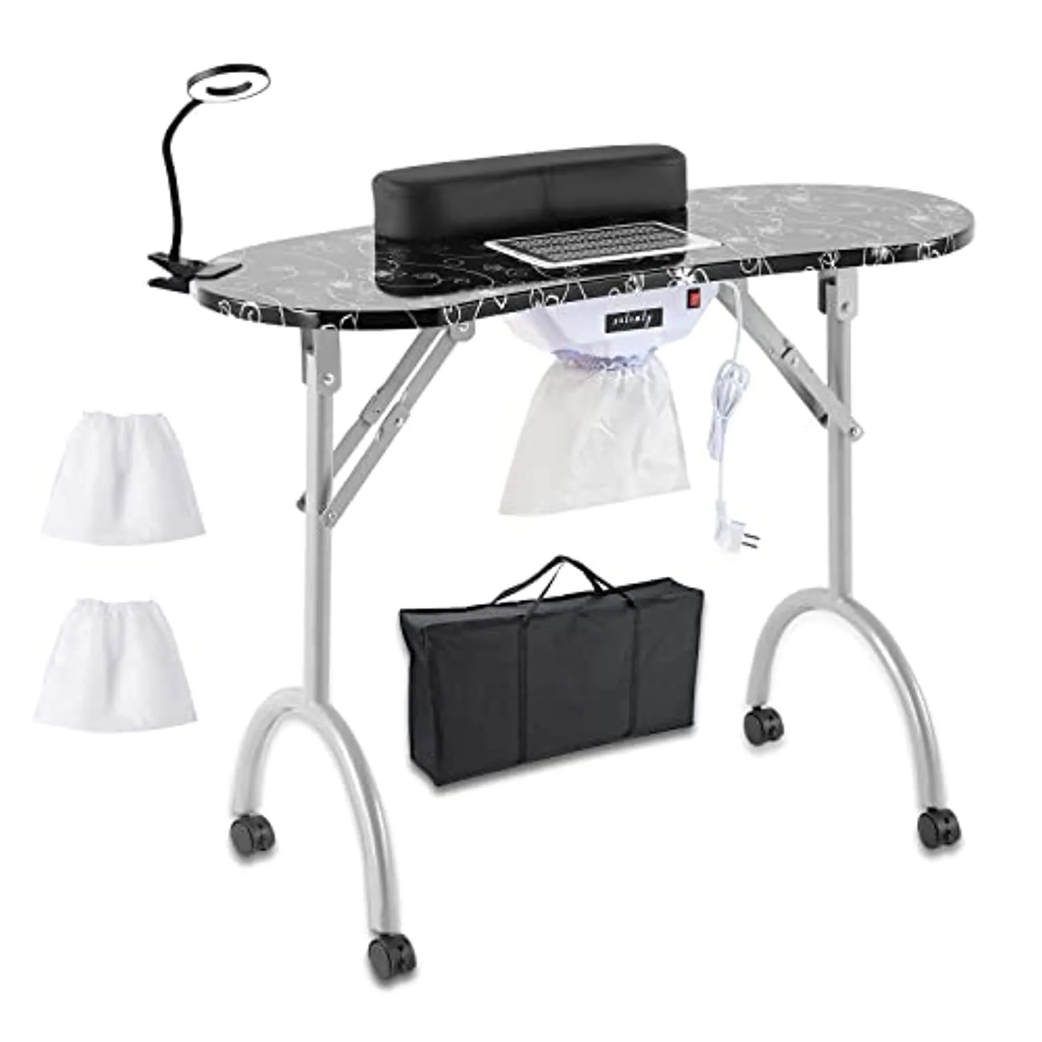 Portable Nail Table with Dust Collector,USB-plug LED Table Lamp,Removable and Foldable,4 Lockable Wheels, Carry Bag, for Home Spa Beauty Salon,Black