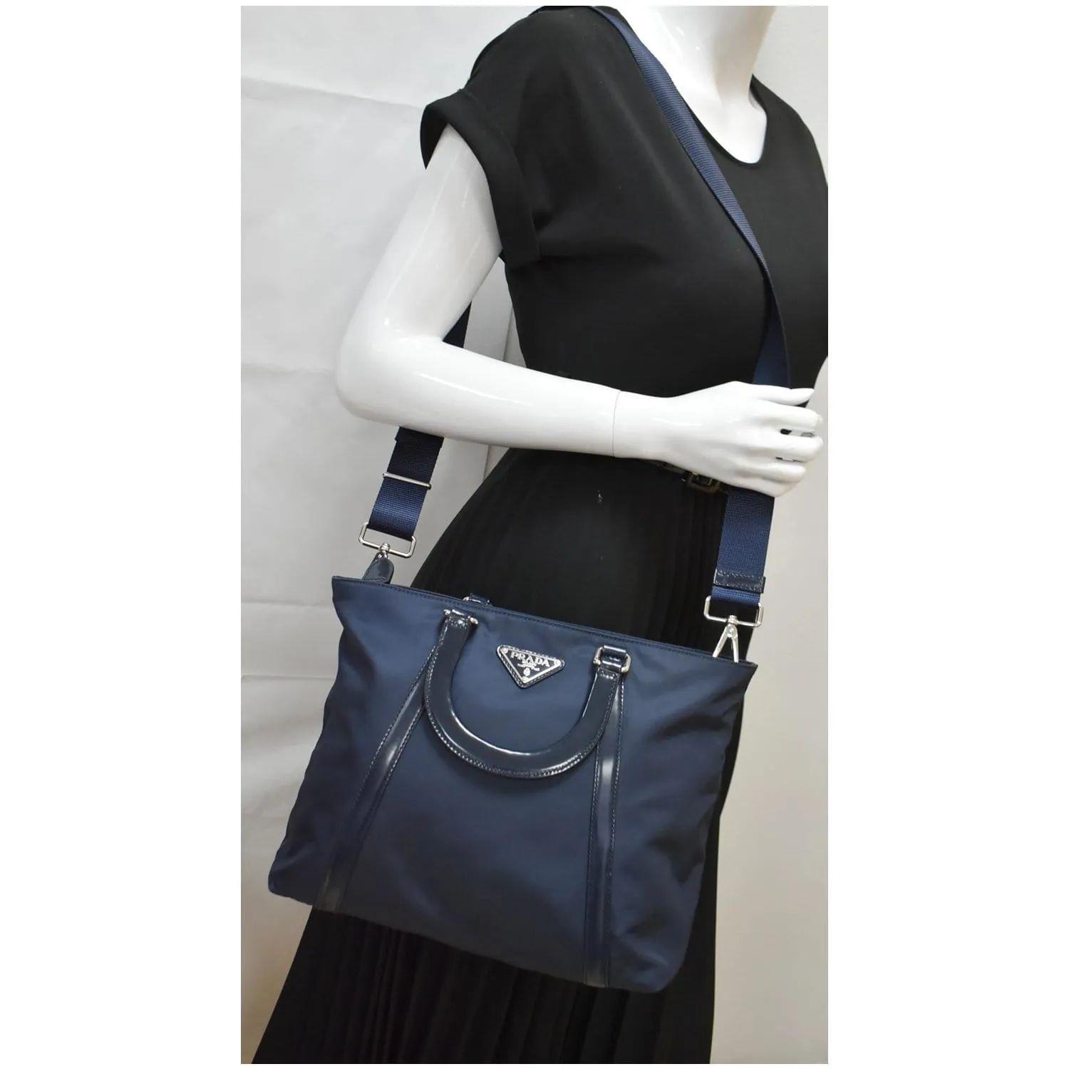 PRADA Nylon Leather Shopping Tote Shoulder Bag Dark Blue