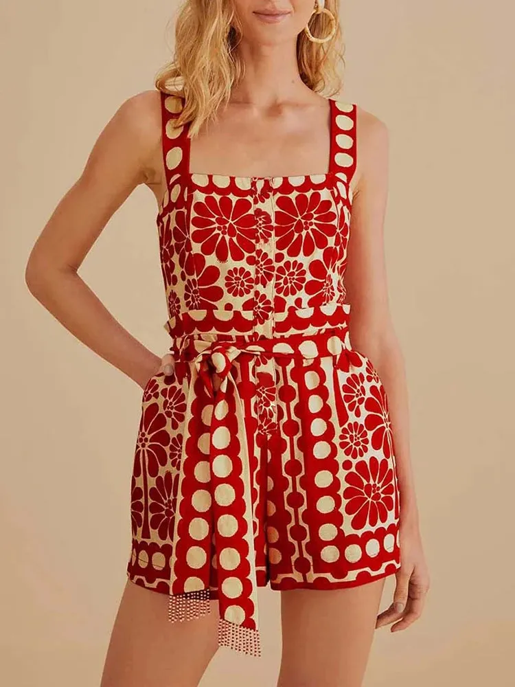 Printing Patchwork Lace Up Playsuits