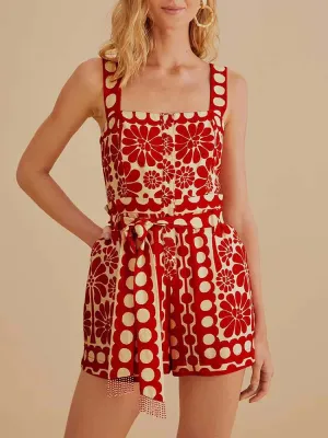 Printing Patchwork Lace Up Playsuits