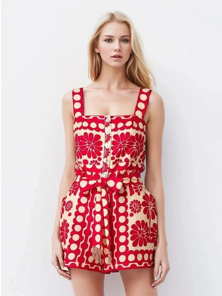 Printing Patchwork Lace Up Playsuits
