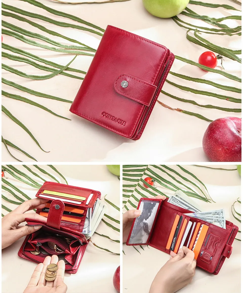 Realaiot Genuine Leather Wallets Women Men Wallet Short Small Rfid Card Holder Wallets Ladies Red Coin Purse Portfel Damski