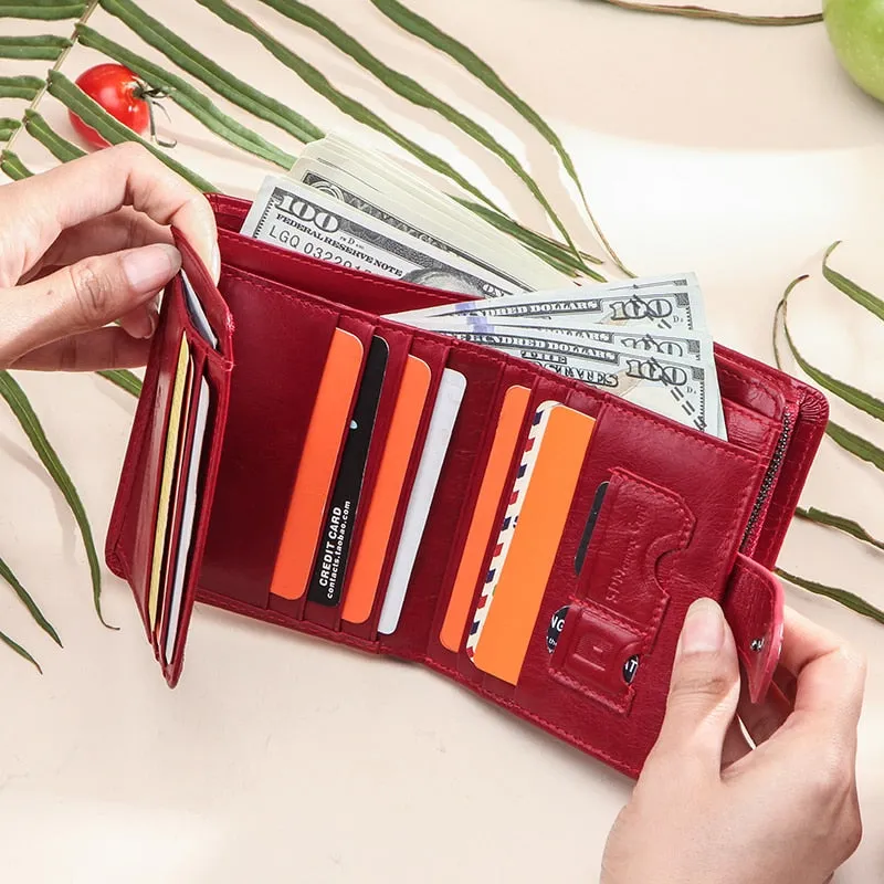 Realaiot Genuine Leather Wallets Women Men Wallet Short Small Rfid Card Holder Wallets Ladies Red Coin Purse Portfel Damski