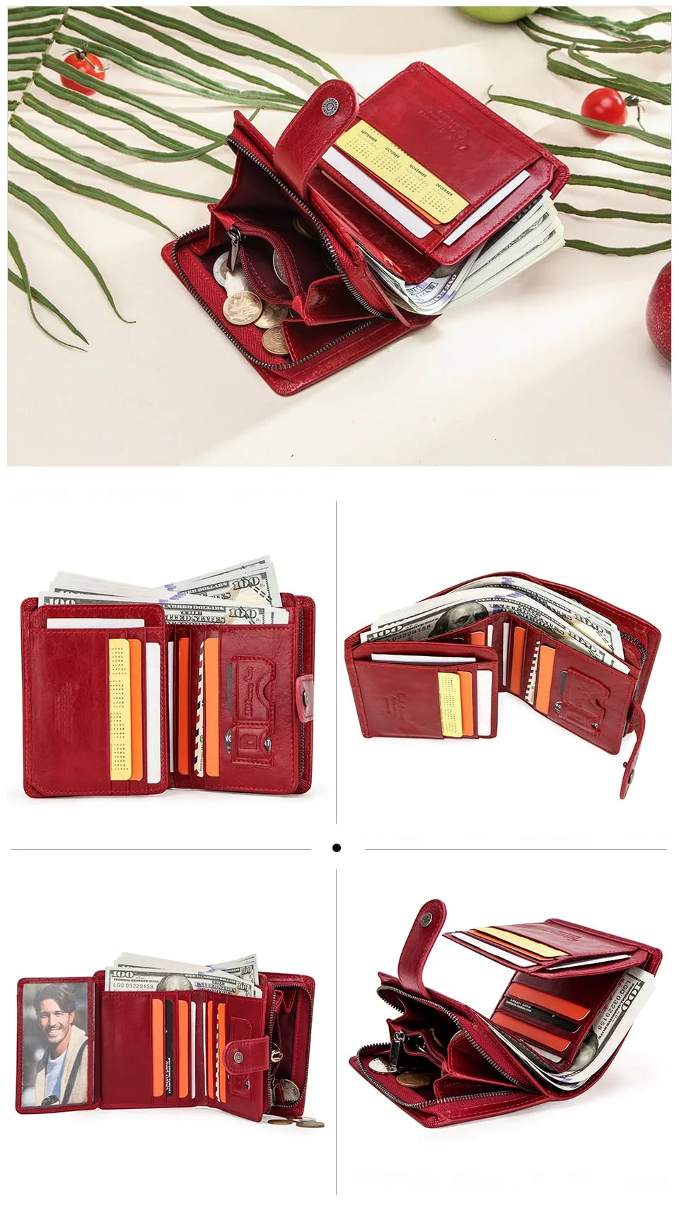 Realaiot Genuine Leather Wallets Women Men Wallet Short Small Rfid Card Holder Wallets Ladies Red Coin Purse Portfel Damski