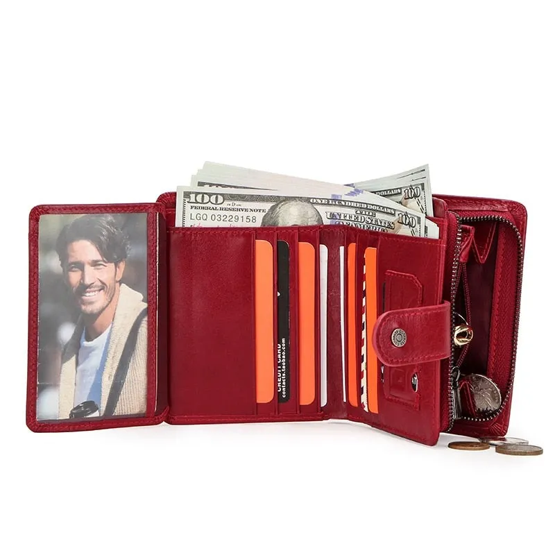 Realaiot Genuine Leather Wallets Women Men Wallet Short Small Rfid Card Holder Wallets Ladies Red Coin Purse Portfel Damski
