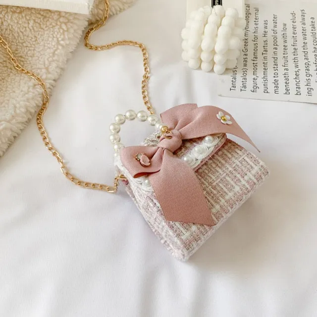 Realaiot Korean Style Women Mini Handbags Tote Cute Girls Princess Bow Messenger Bag Baby Girl Pearl Party Shoulder Hand Bags Gift