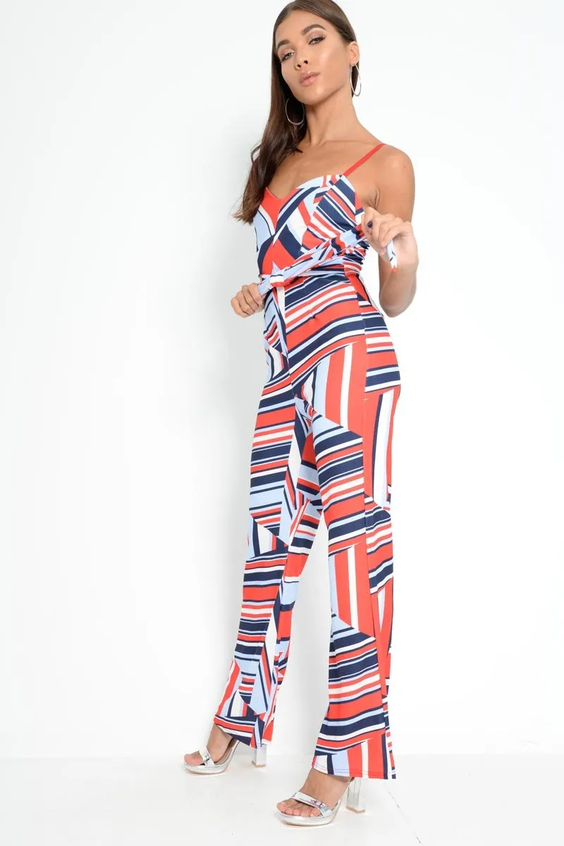 Red And Navy Blue Aztec Print Wide Leg Jumpsuit - Catelynn