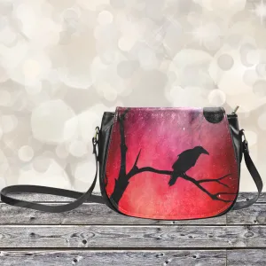 Red Saddle Bag Purse | Black Crow Saddlebag | Raven Crossbody Bag | Red Handbag Black Bird Shoulder Bag