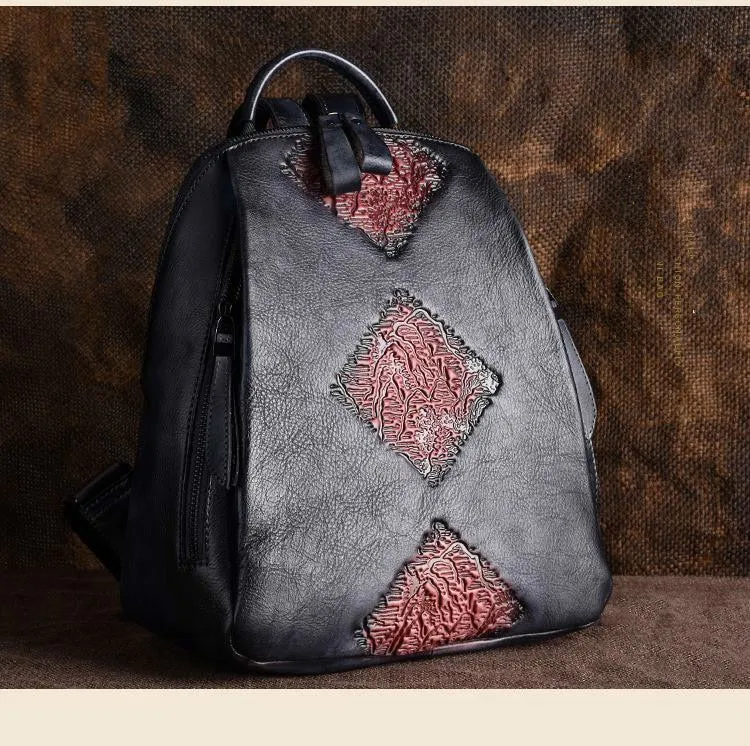 Regal Embossed Leather Backpack for Women - Black/Brown/Green/Maroon