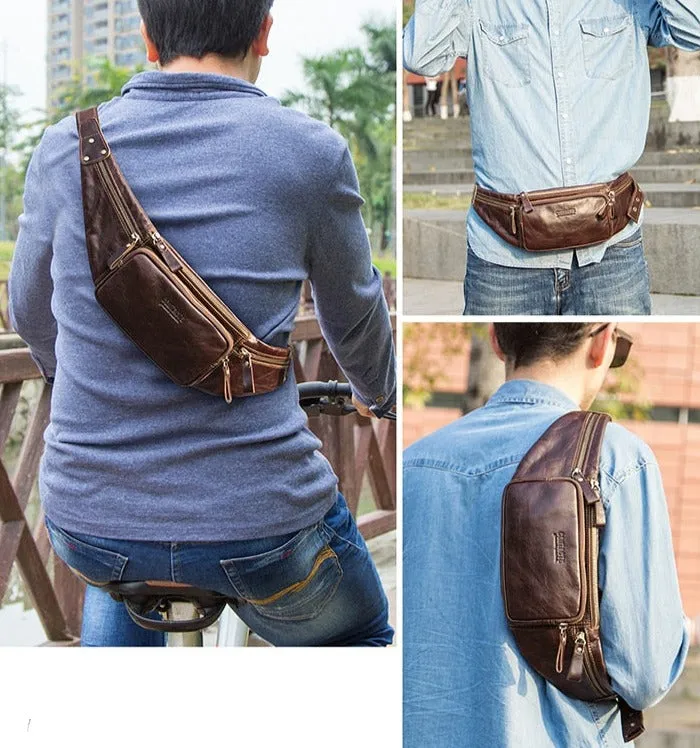Retro Leather Fanny Pack Waist Bag Sling Bag Crossbody Bag, Black/Brown