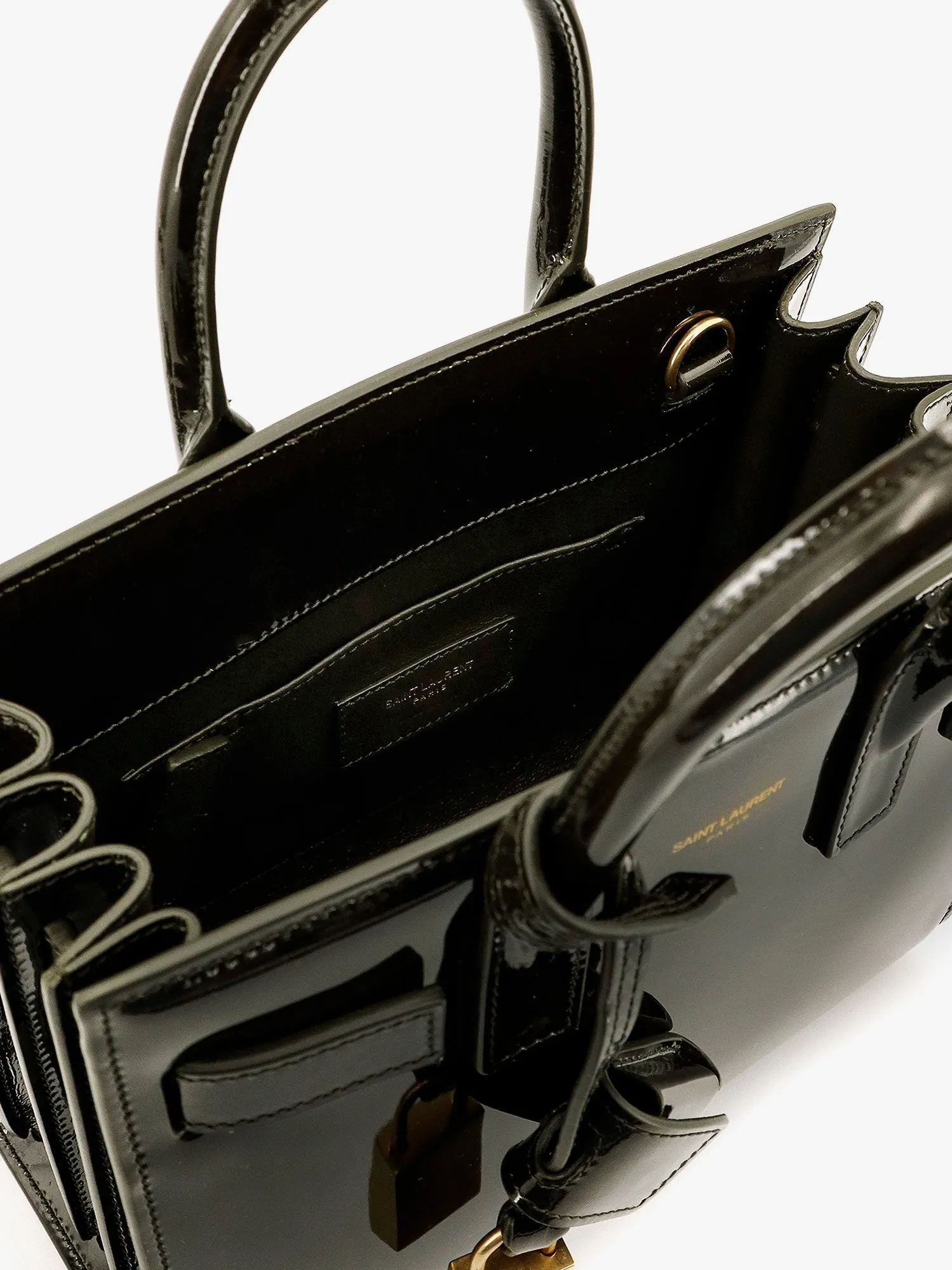 Saint Laurent Sac De Jour Nano Patent Leather Handbag With Metal Padlock