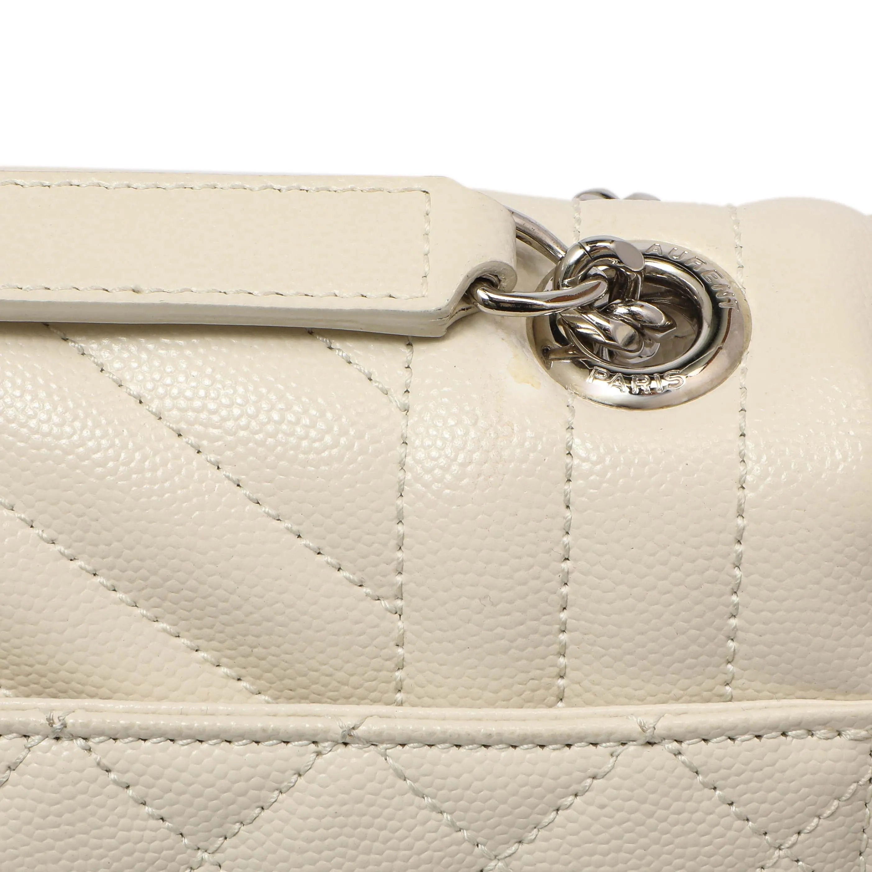 Saint Laurent White Grain De Poudre Matelasse Chevron Large Triquilt Monogram Satchel