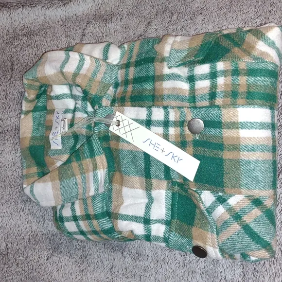 SHE   SKY Pine Green Plaid Lightweight Fleece Shacket