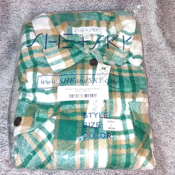 SHE   SKY Pine Green Plaid Lightweight Fleece Shacket