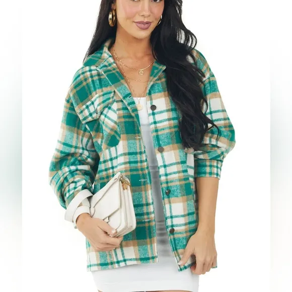 SHE   SKY Pine Green Plaid Lightweight Fleece Shacket
