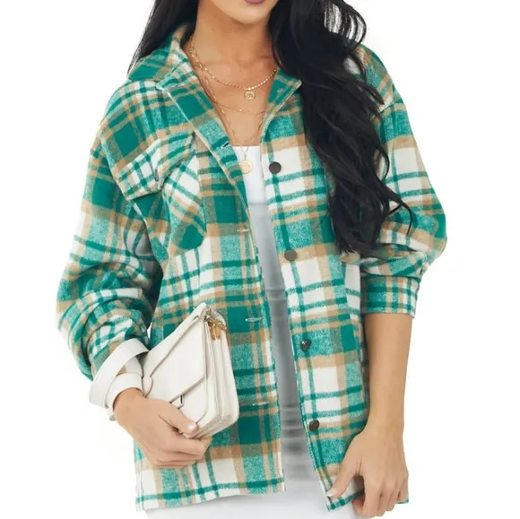 SHE   SKY Pine Green Plaid Lightweight Fleece Shacket